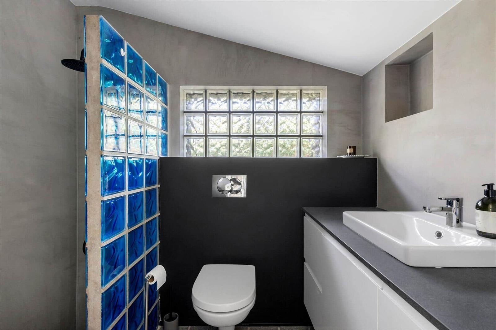 Bathroom with blue glass blocks, toilet, and sink with mirror.