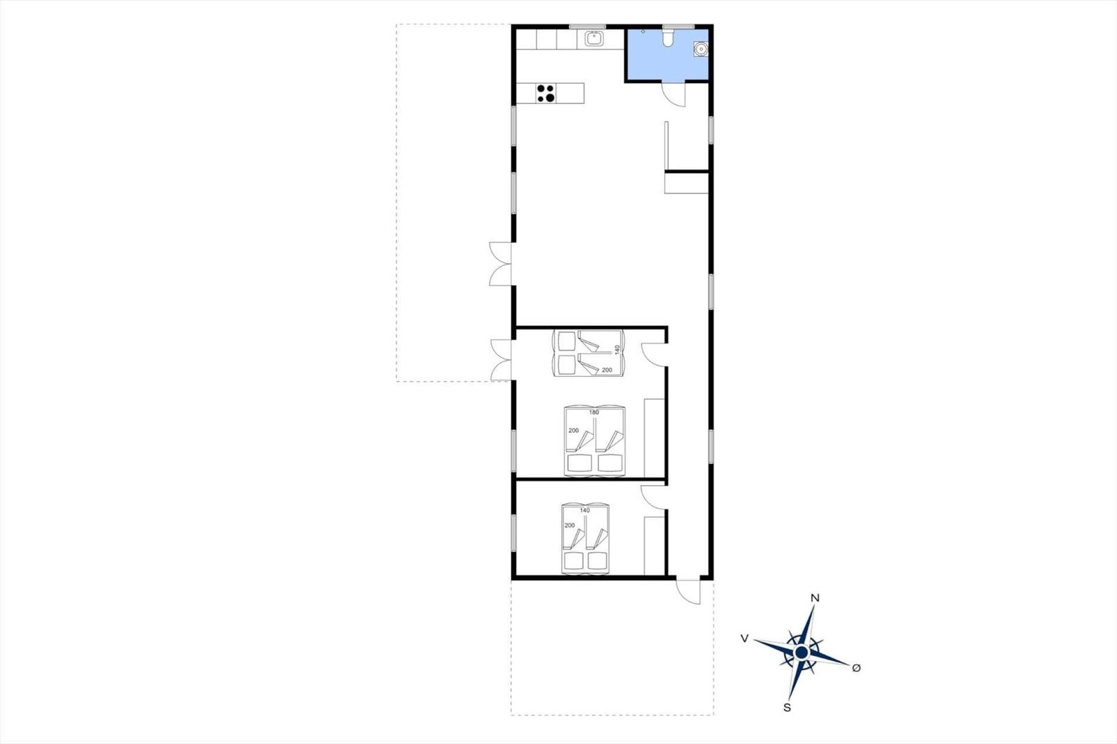 The apartment has three bedrooms, a kitchen, and a bathroom.