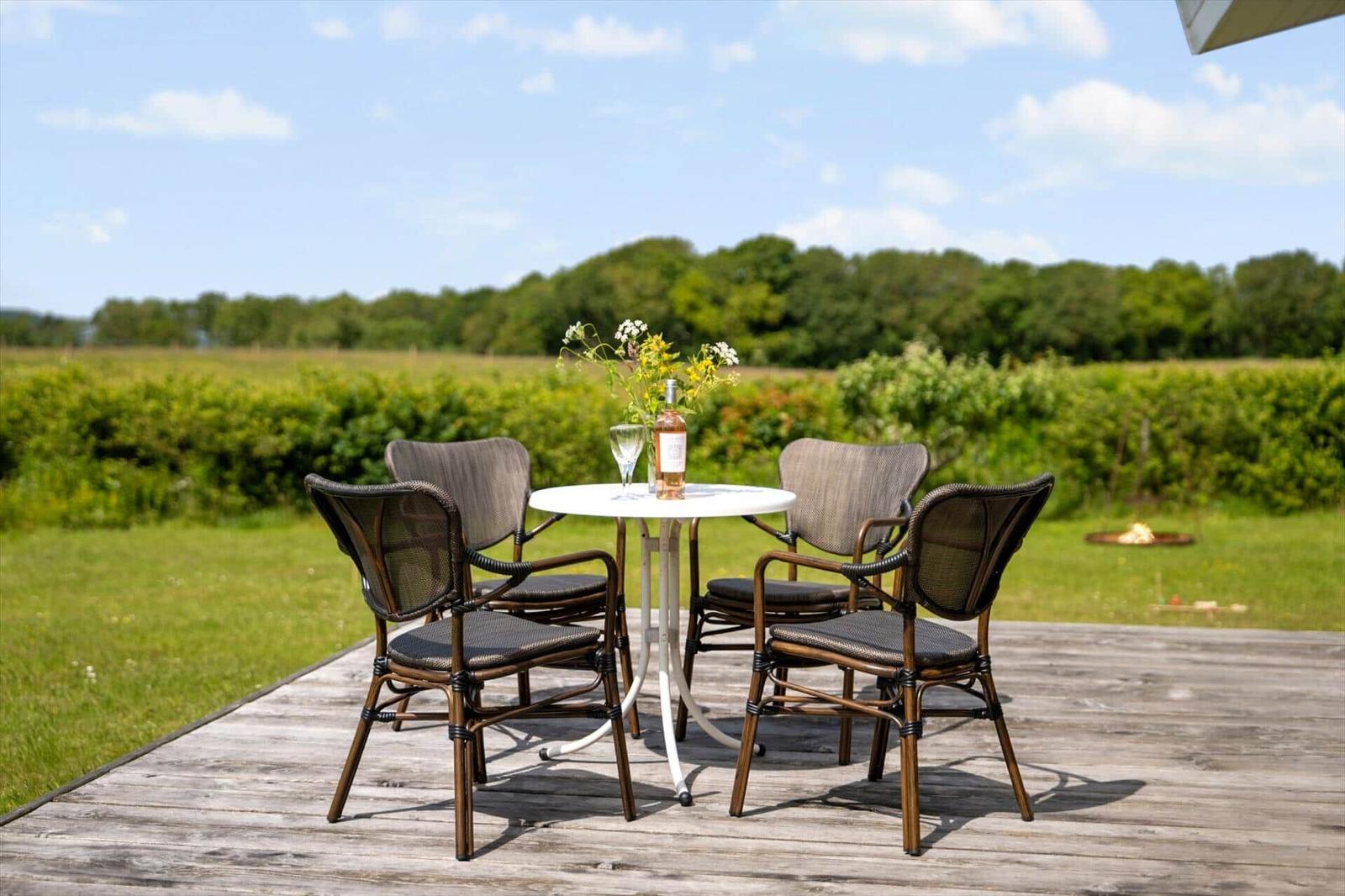 Terrasse mit Tisch und vier Stühlen, Blick auf grüne Wiese und Bäume.