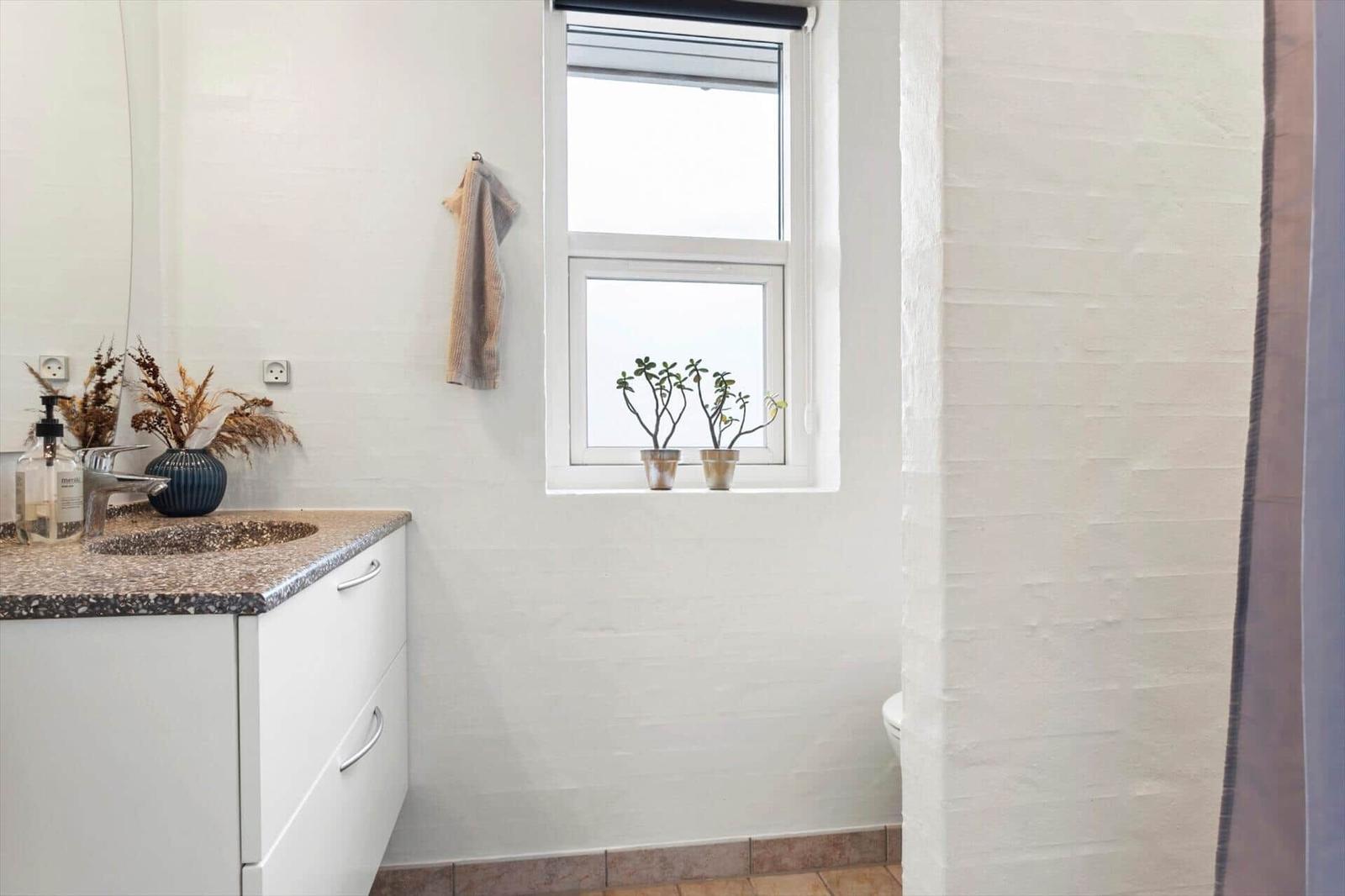 Badezimmer mit Waschbecken, Fenster und Pflanzen. Weiße Wände und Holzboden.