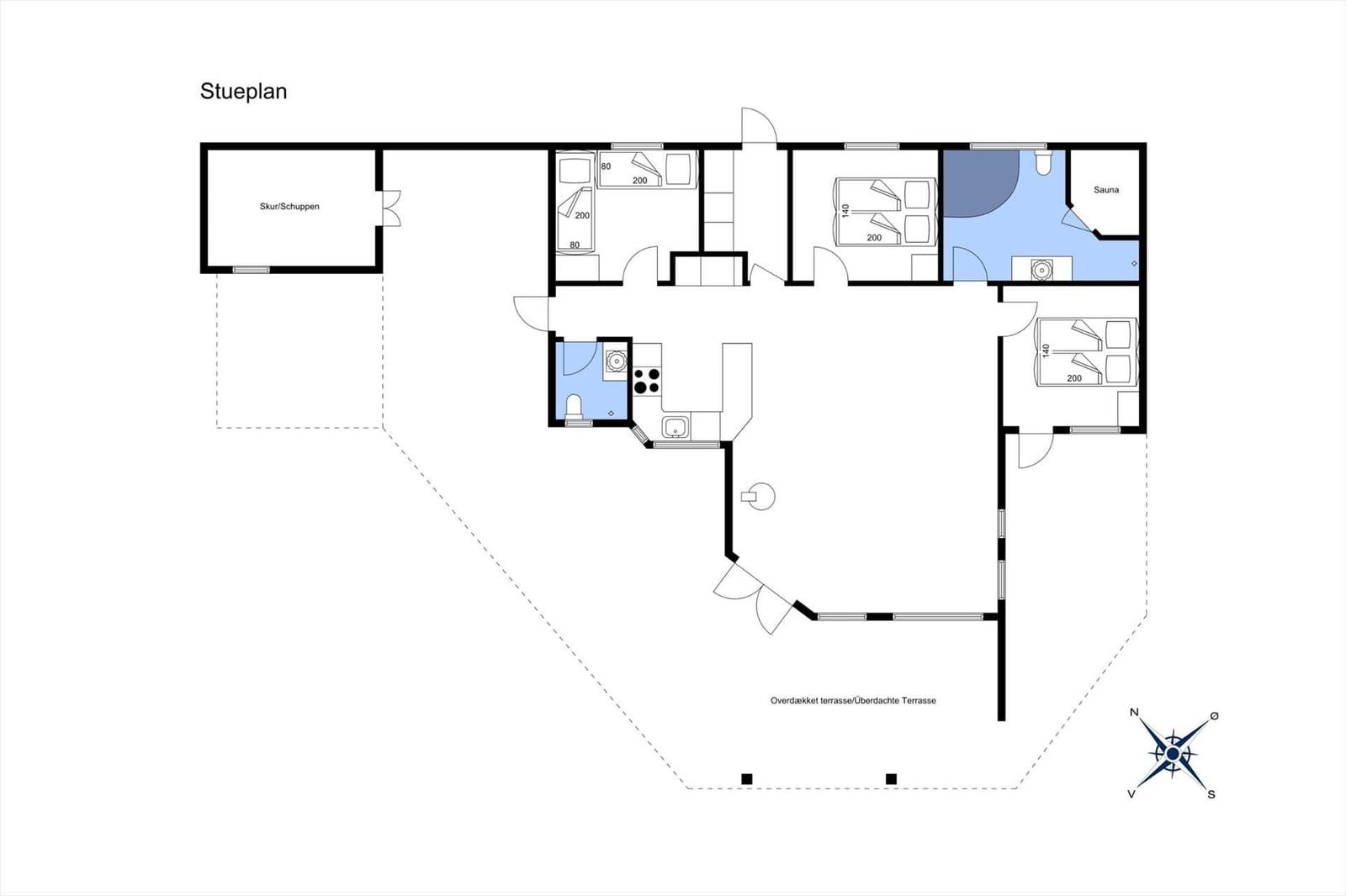 Functional floor plan with sauna, kitchen, and covered terrace.