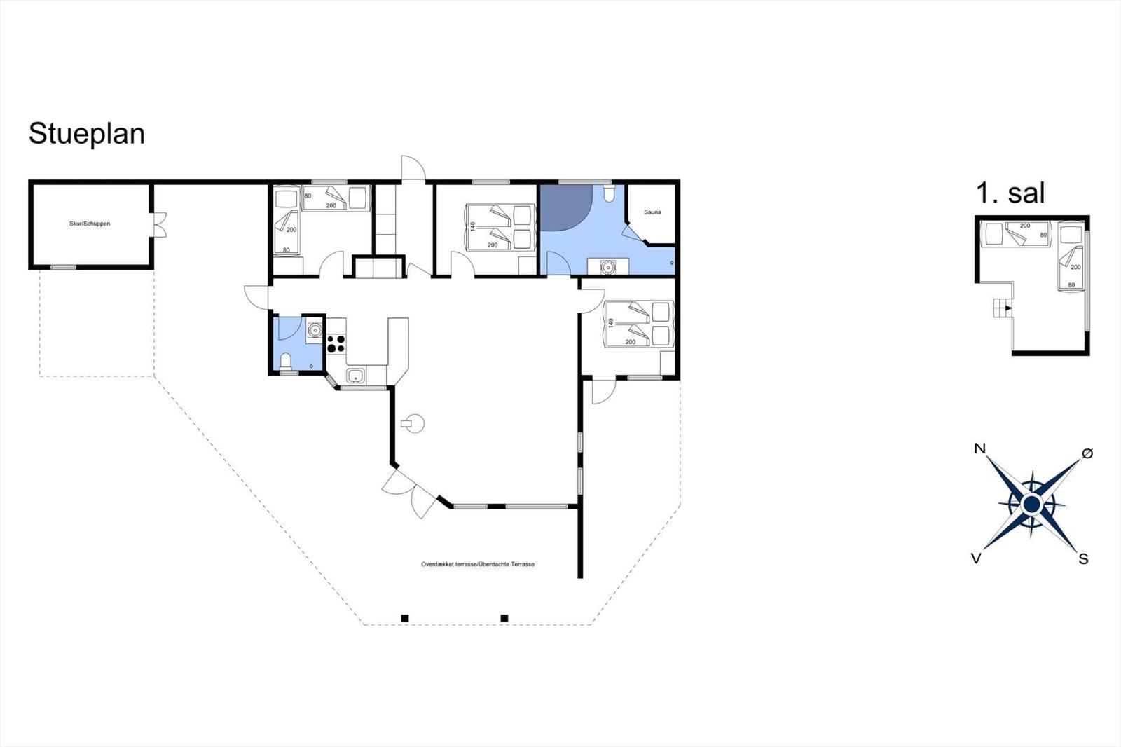 Floor plan shows living area with sauna, kitchen, and covered terrace.