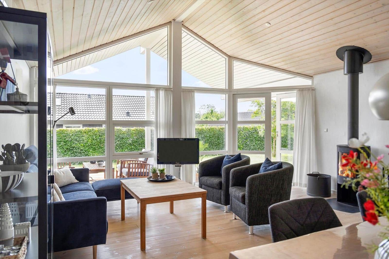 Living room with wooden ceiling, large windows, and wood-burning stove. Furniture is modern and simple.