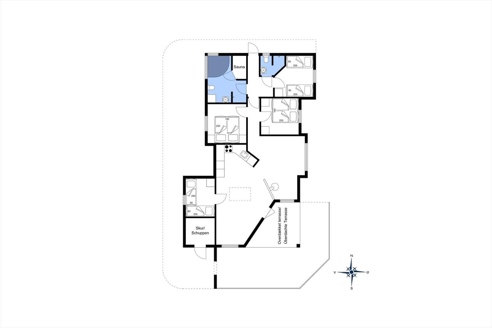 Functional floor plan with sauna, bedrooms, and covered terrace.