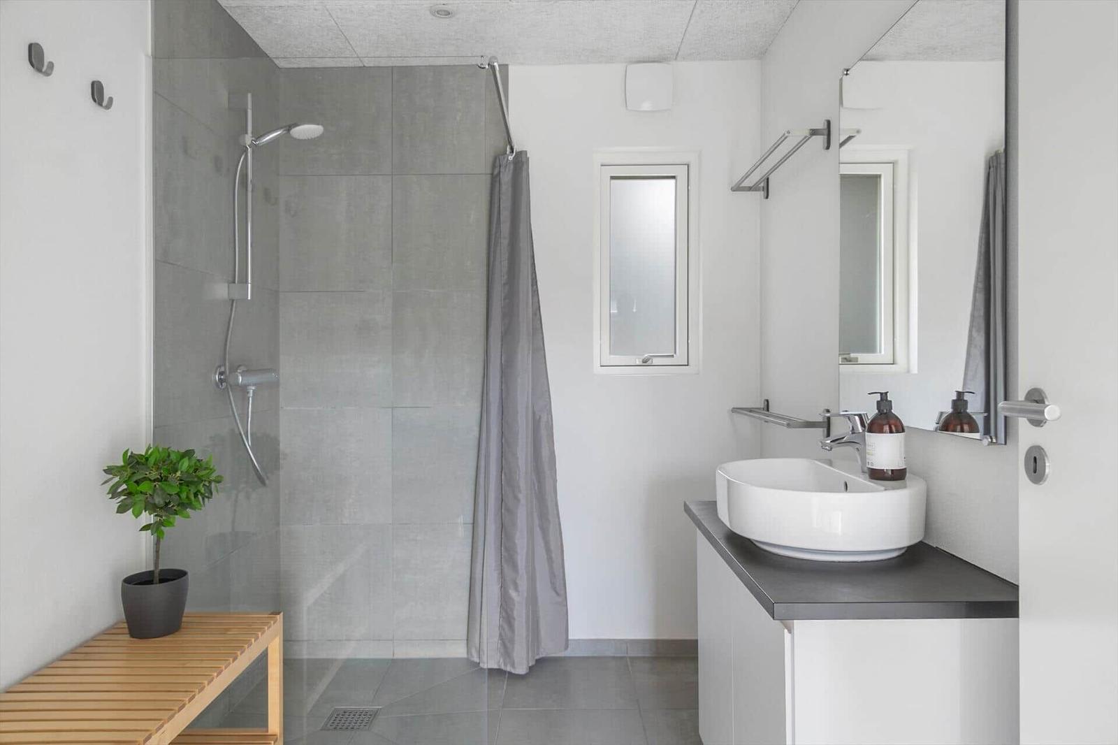 Bathroom with shower, sink, and plant.