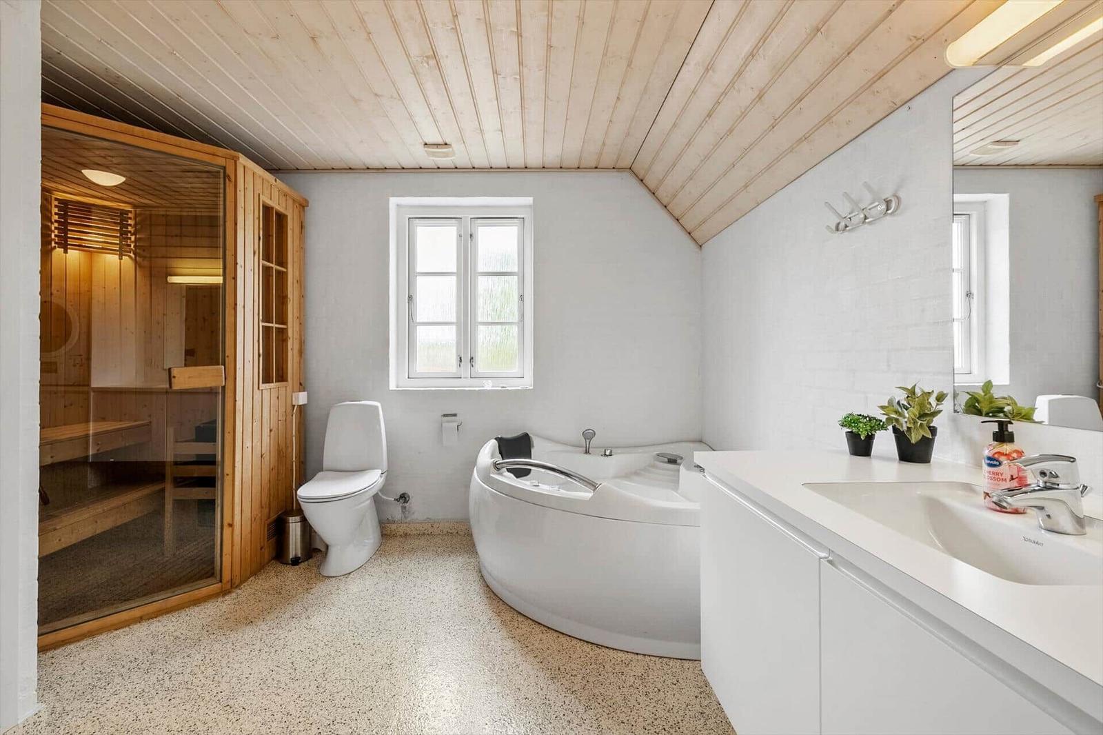 Bad mit Whirlpool, Toilette und Sauna. Holzdecke und Fenster sichtbar.