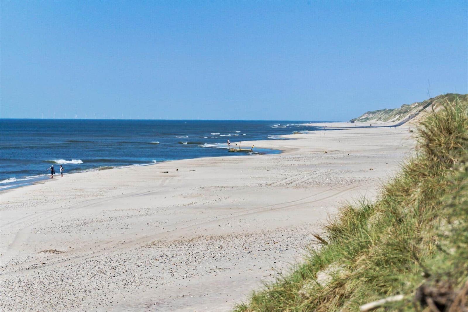 Weiterer Strandabschnitt mit Sand, Meer und Dünen. Einige Personen sind am Wasser.
