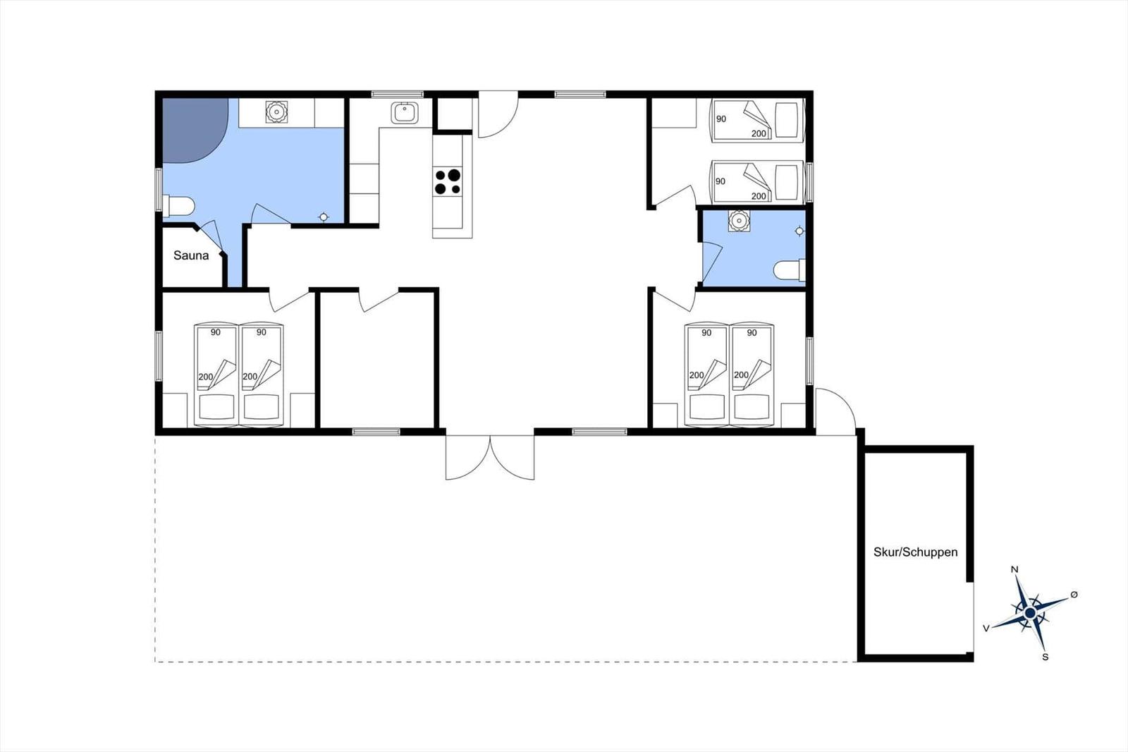 Wohnung mit Sauna, Küche, zwei Schlafzimmern und Bad. Außenbereich mit Skur/Schuppen.
