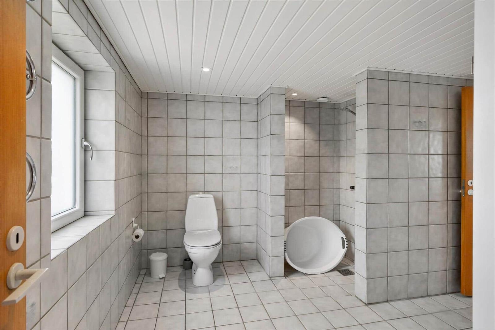 Bathroom with toilet, shower, and window. Wall and floor tiles.