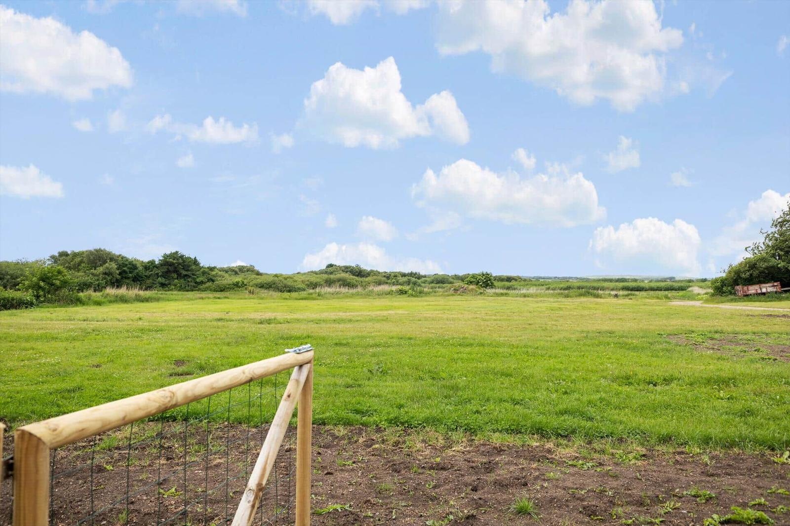 Green field with wooden fence and blue sky with white clouds.