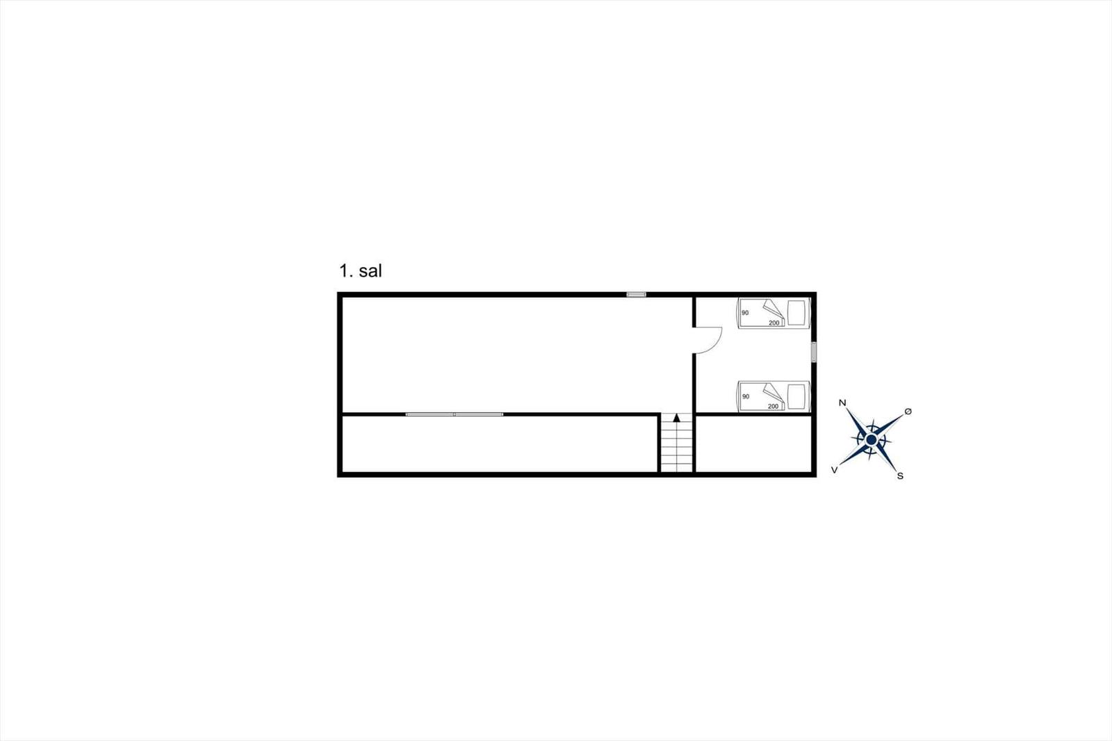 Ground floor plan with living area, two bedrooms, and stairs to upper level.