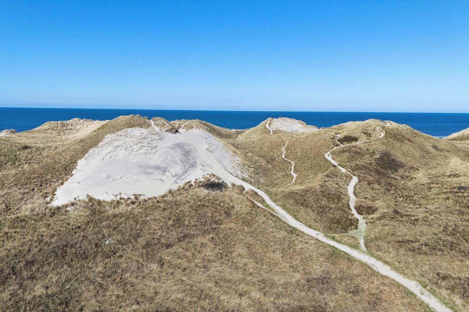 Dune landscape with hiking trail and view of the sea under blue sky.