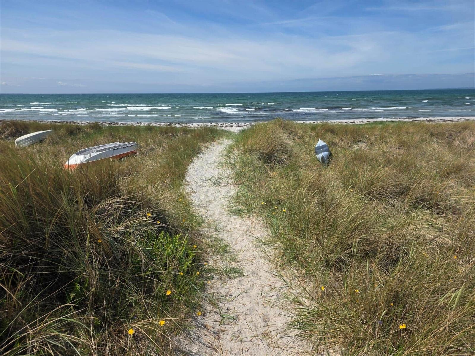 Weg durch Dünen zur Küste mit Booten im Gras