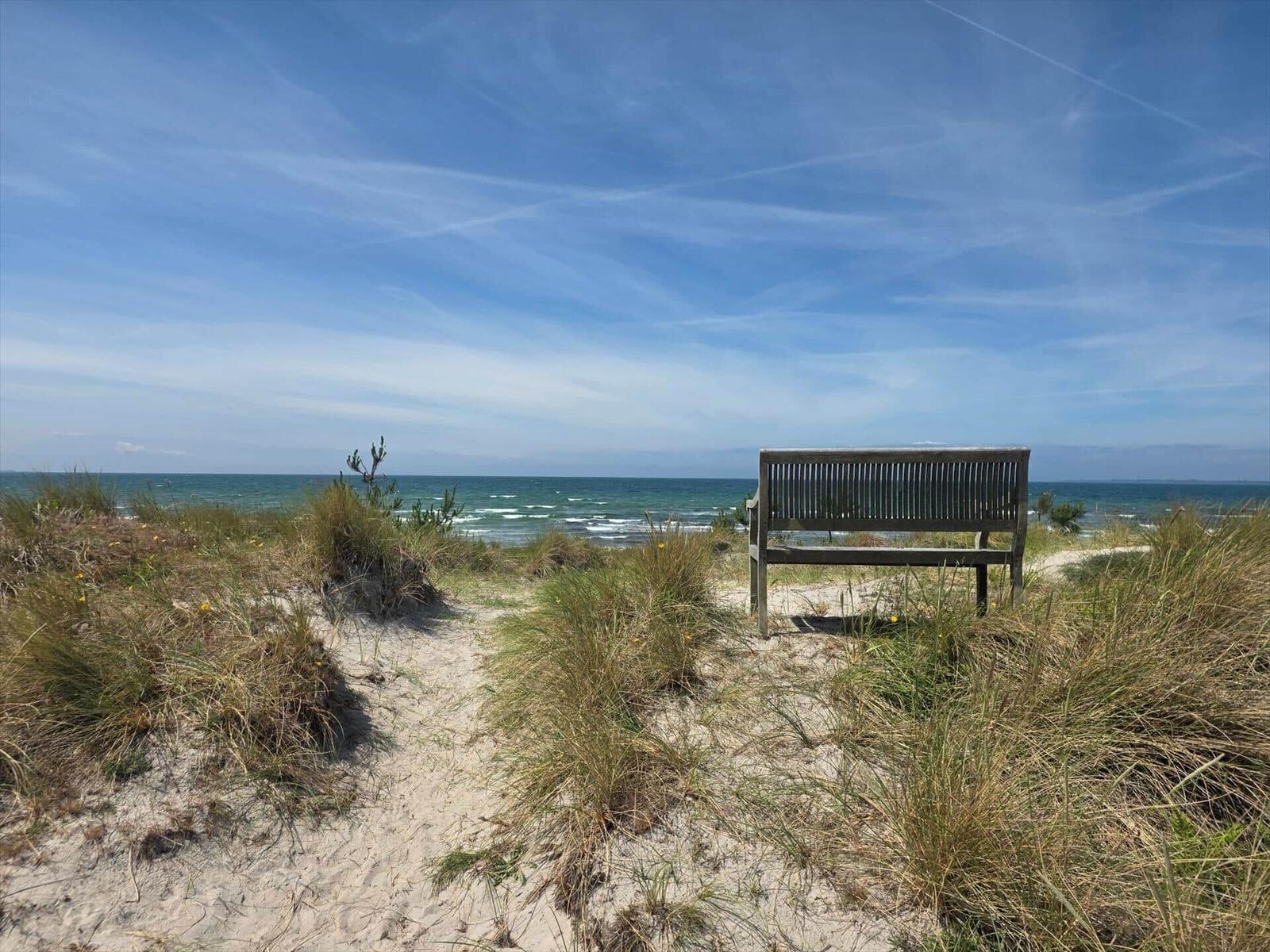 Holzbank auf Sanddüne mit Blick auf das Meer und blauen Himmel.