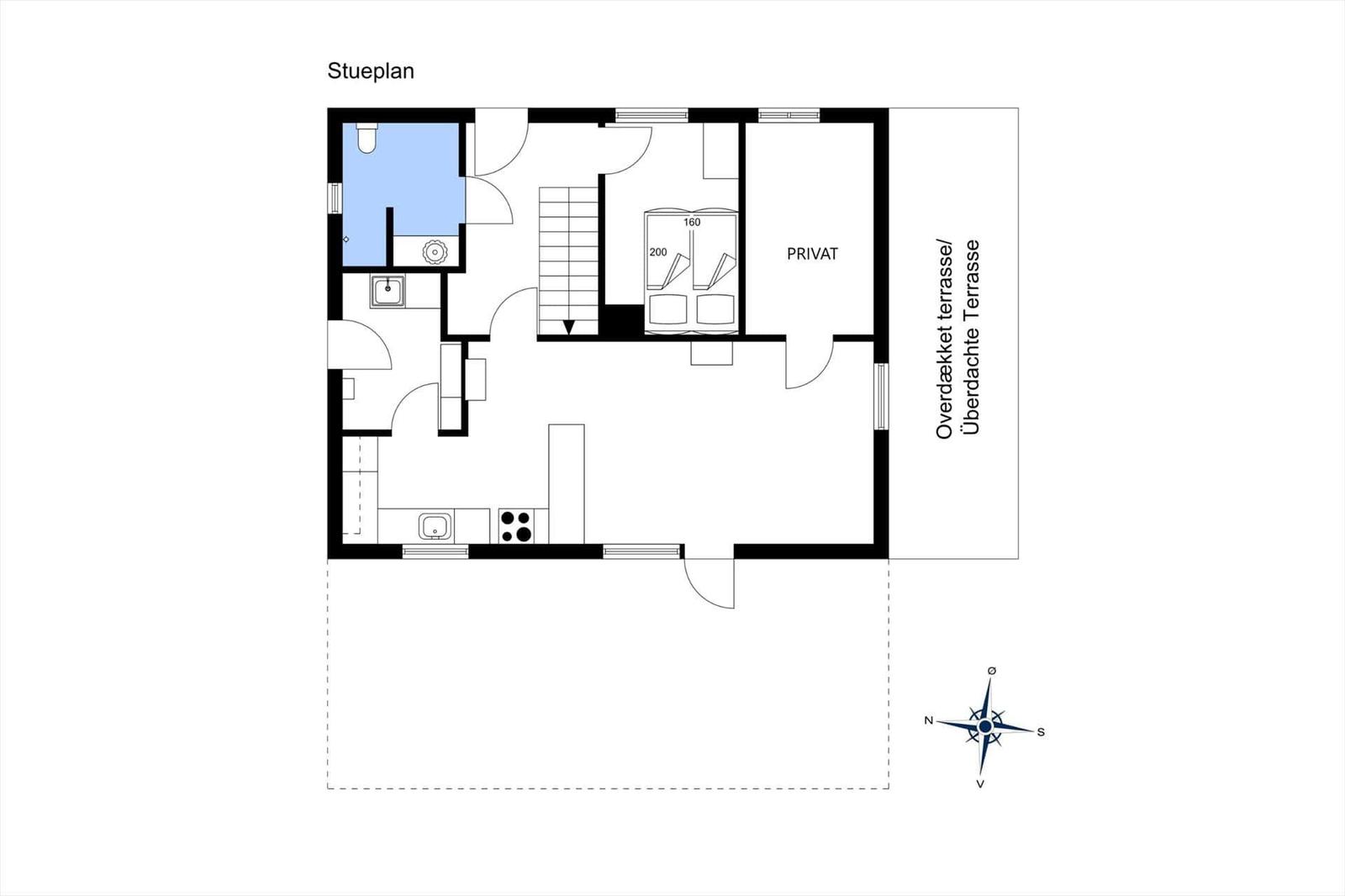 Stueplan zeigt Küche, Bad, Schlafzimmer und überdachte Terrasse.