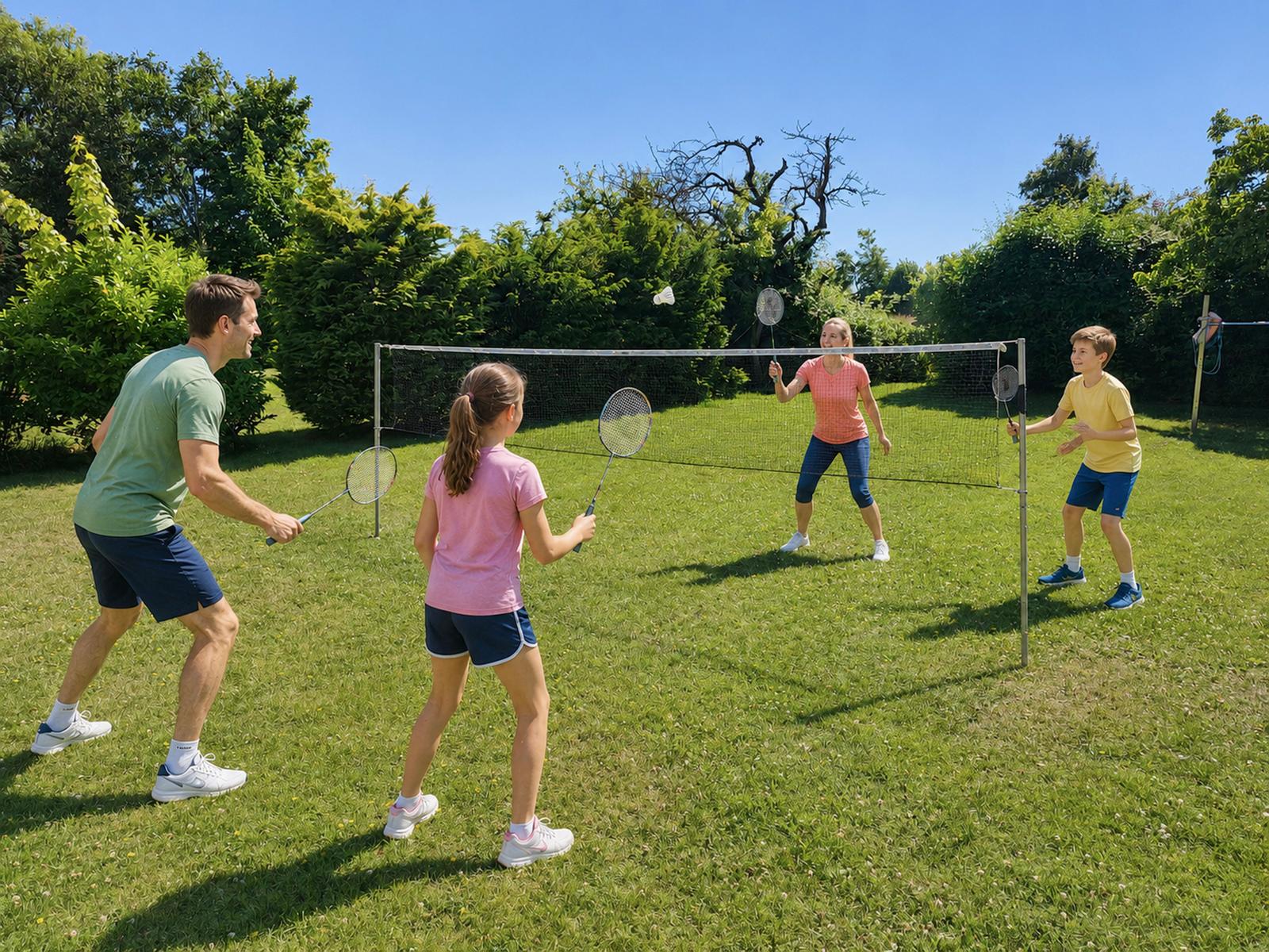 Familie spielt Badminton im Garten auf grünem Rasen.