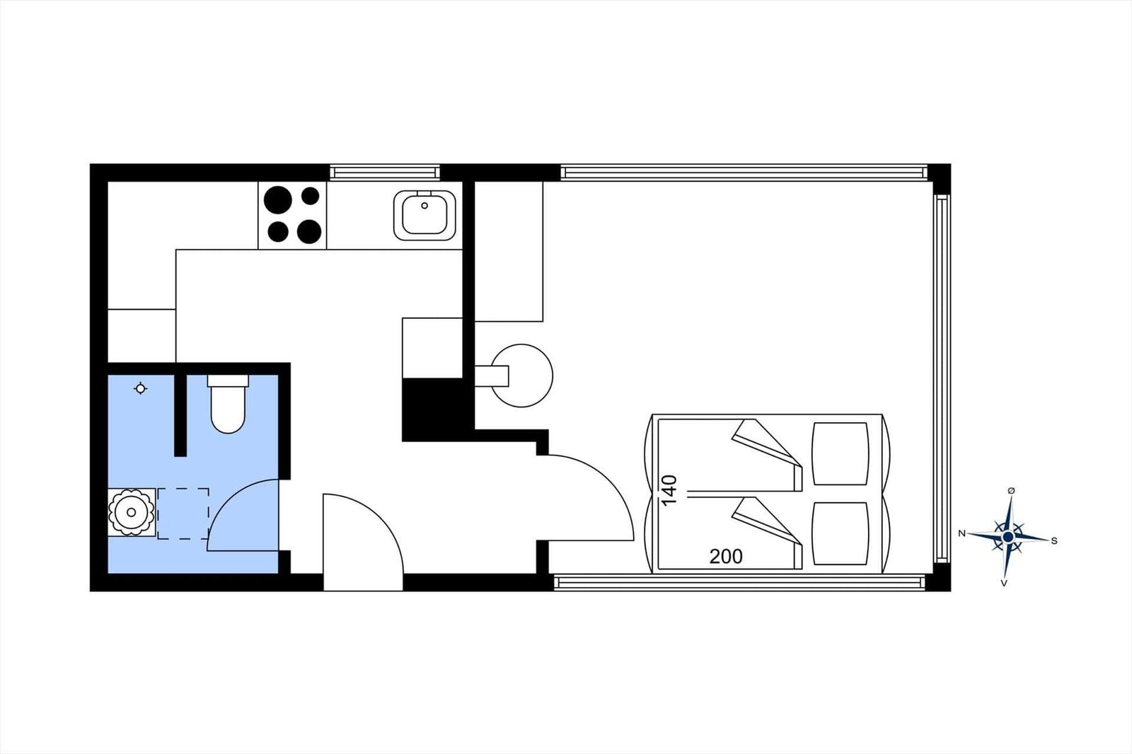 Kleine Wohnung mit Küche, Bad und Schlafzimmer. Raumverteilung mit Maßen.
