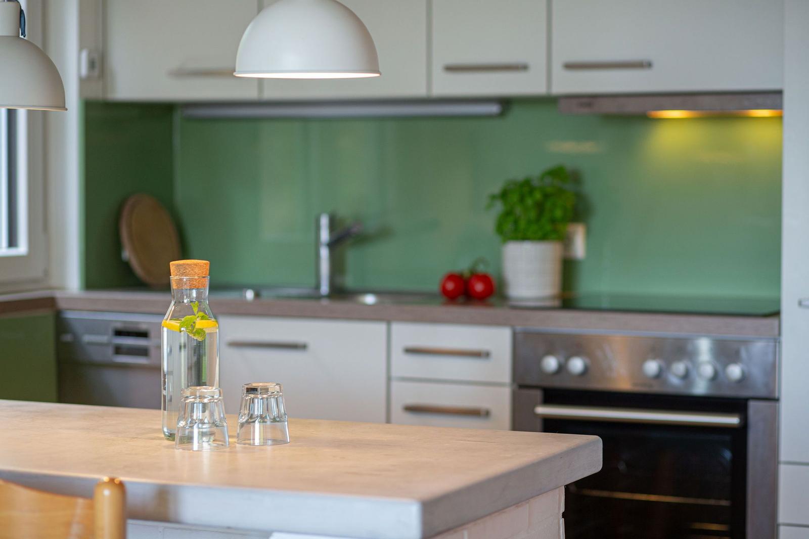 Küche mit grüner Wand, Edelstahlgeräten und Holzoberfläche.