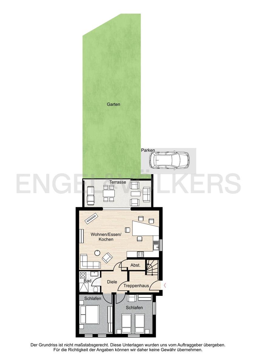 Floor plan shows garden, terrace, living/kitchen, two bedrooms, bathroom, and parking.