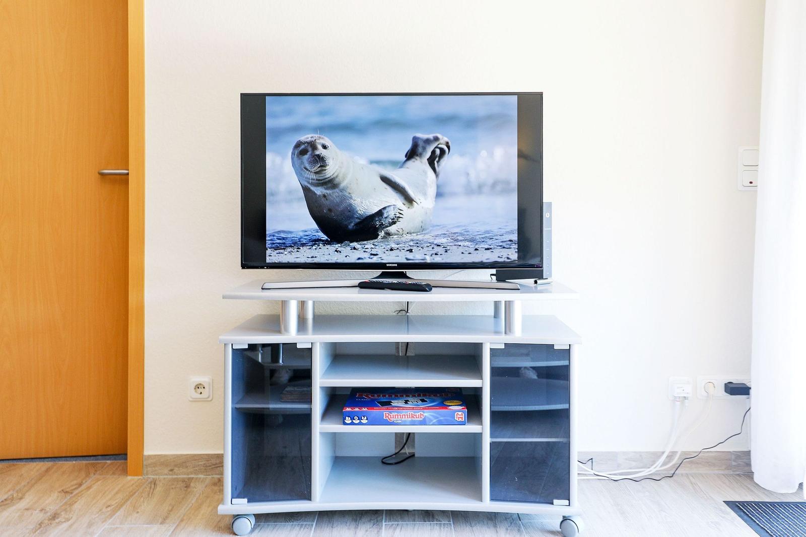 TV auf weißen Schrank mit Rummikub-Spiel