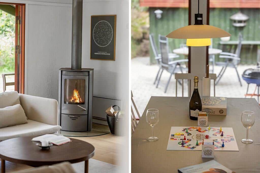 Wohnzimmer mit Kamin und Essbereich mit Tisch, Stühlen und Spielzeug.