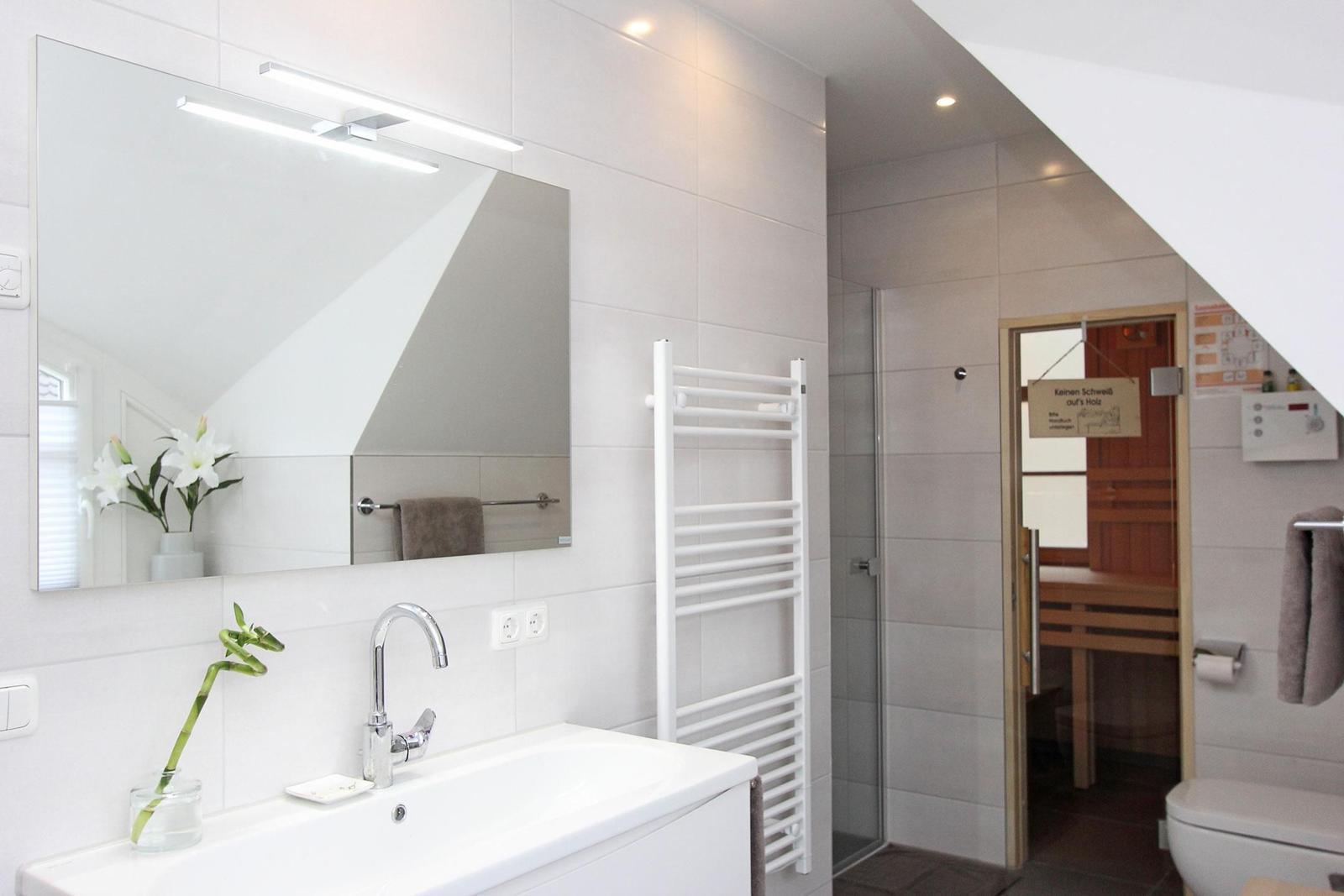 Badezimmer mit Dusche, Spiegelschrank und Heizkörper. Sauna im Hintergrund.