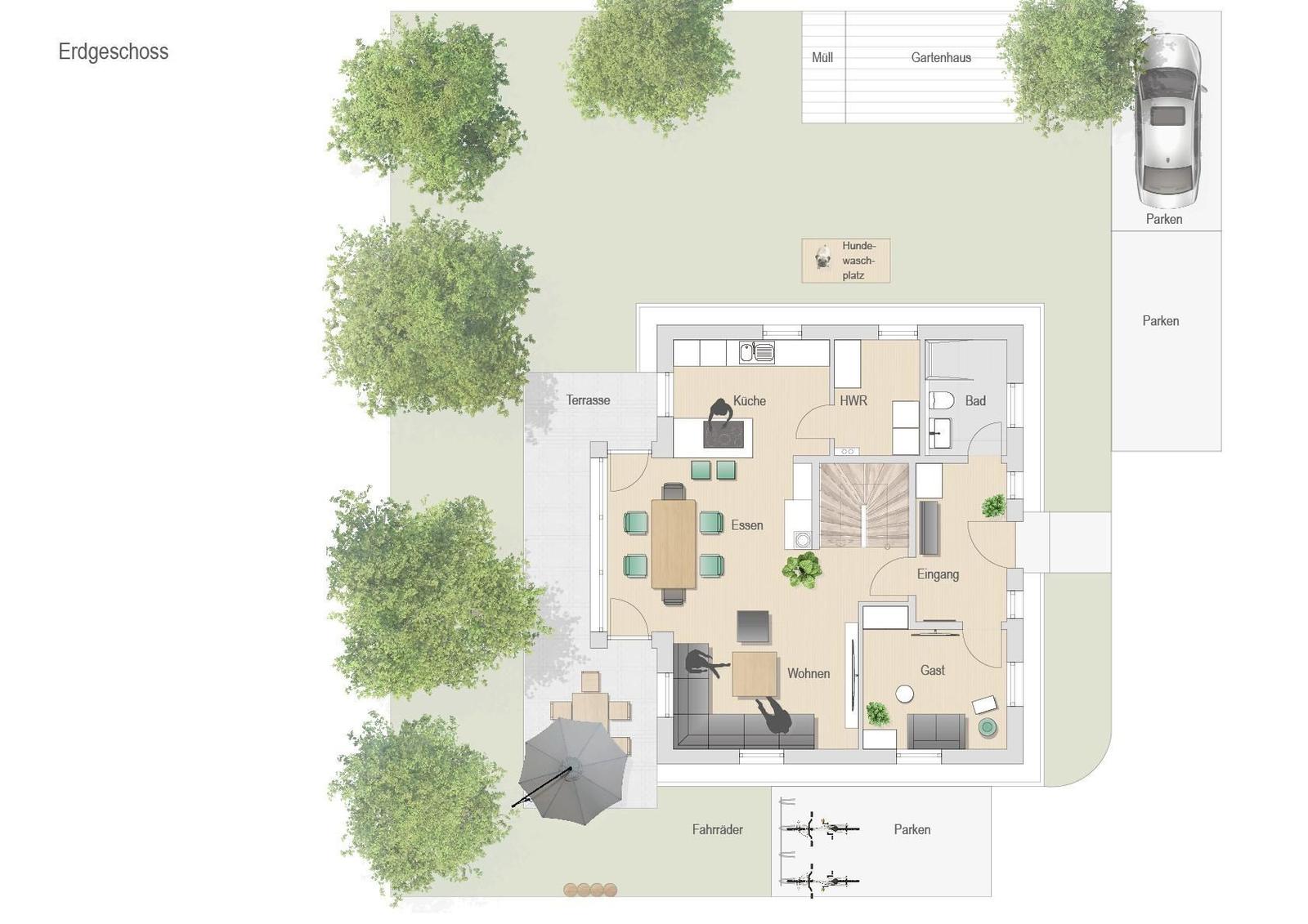 Erdgeschoss mit Küche, Essbereich, Wohnzimmer, Bad und Terrasse mit Sonnenschutz.