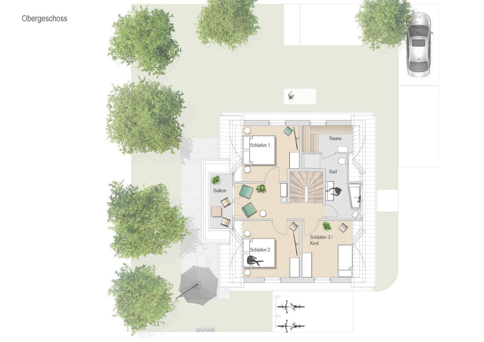 Obergeschoss mit drei Schlafzimmern, Bad, Sauna und Balkon mit Sitzgelegenheiten.