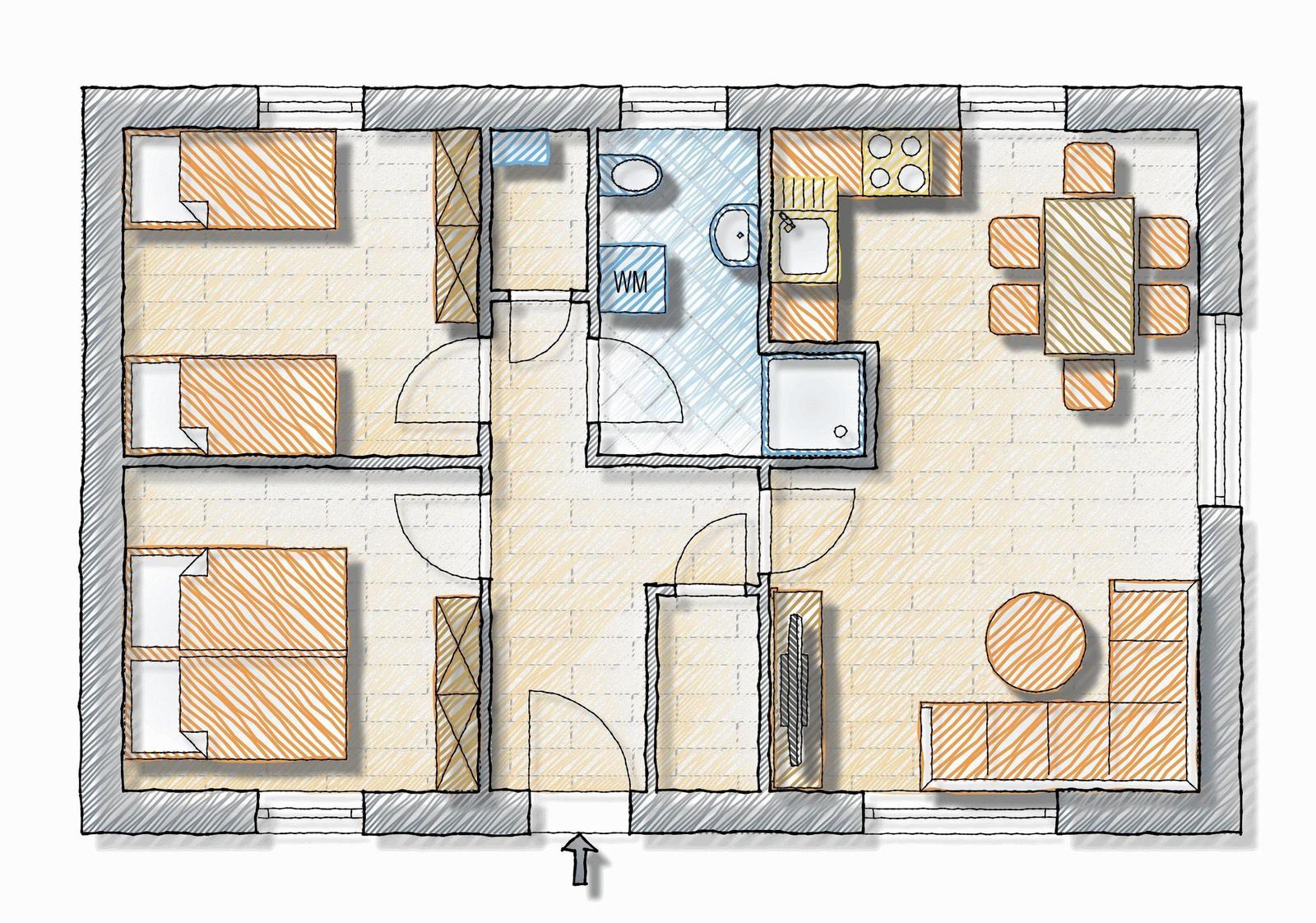 Dieses Apartment hat drei Schlafzimmer, eine Küche, ein Bad und eine Wohnküche.