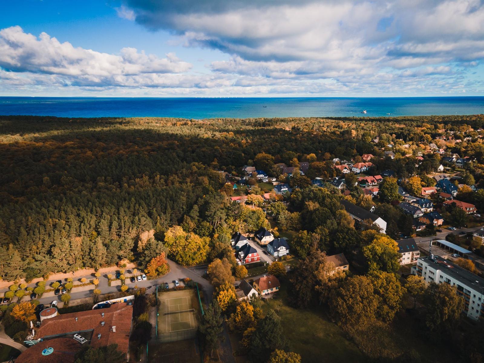 Aerial view of a coastal village with forest, houses, and a tennis court near the sea.