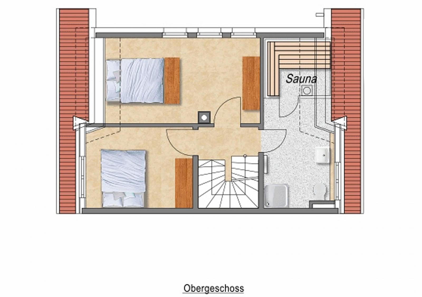 Obergeschoss mit zwei Schlafzimmern, Sauna und Bad
