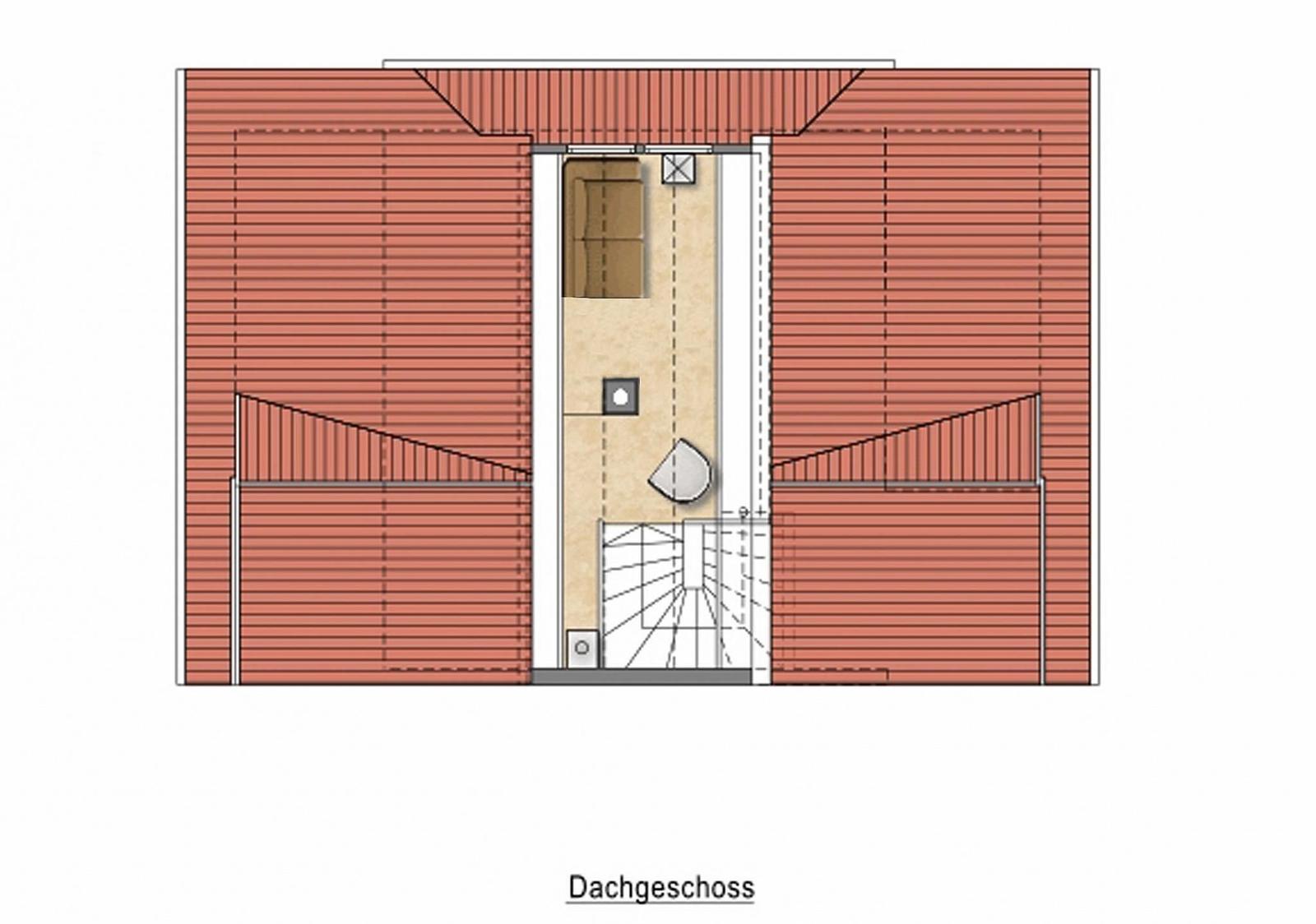 Dachgeschoss mit Schlafzimmer, Bad und Treppe zur Untergeschoss