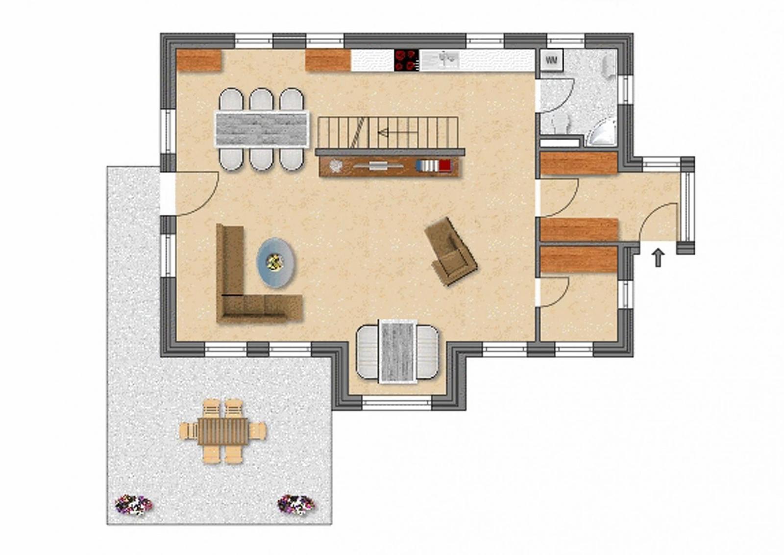 Wohnung mit Essbereich, Küche, Bad und Terrasse.