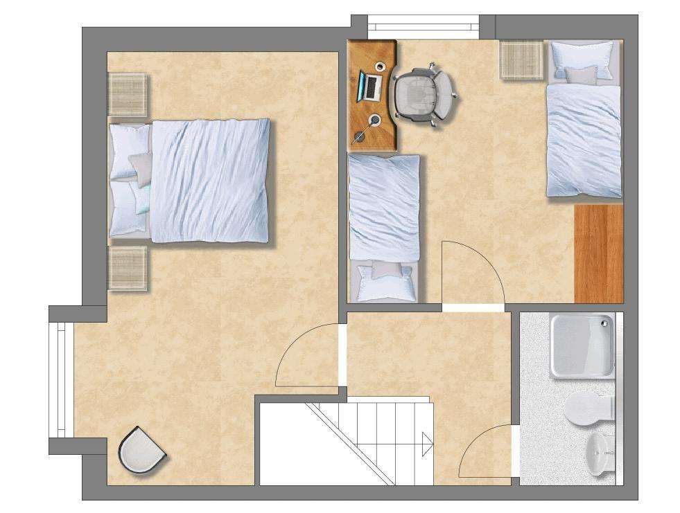 Zwei Schlafzimmer, Arbeitsplatz, Bad und Treppenhaus in einer Wohnung.