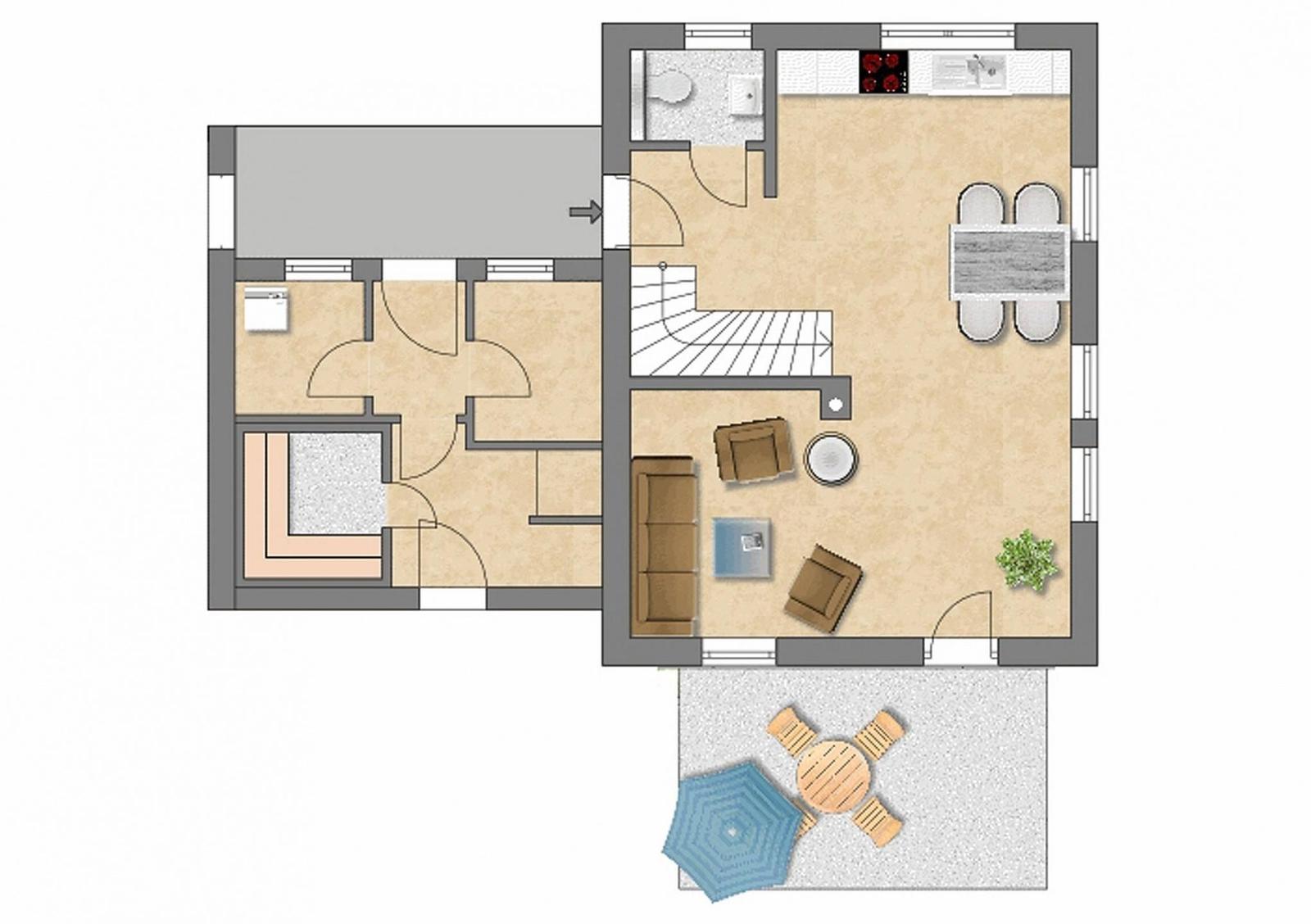 Wohnung mit Küche, Essbereich, Wohnzimmer und Bad. Außenbereich mit Tisch und Sonnenschirm.