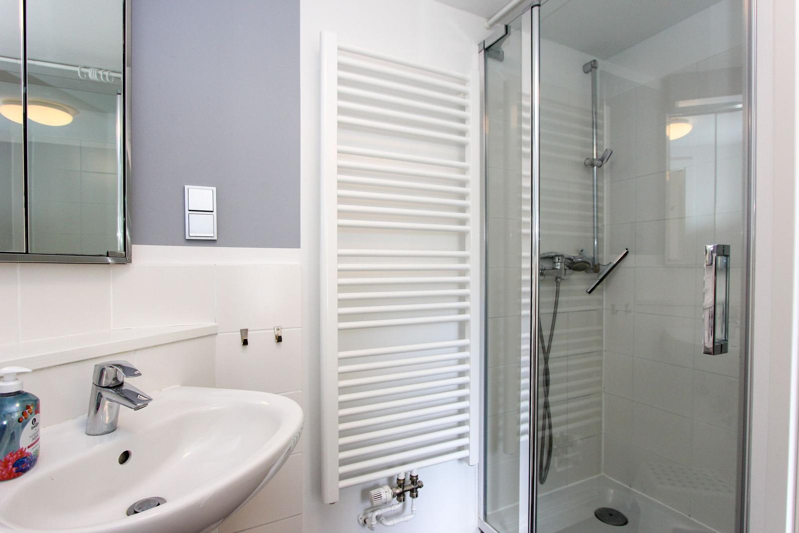 Badezimmer mit Dusche, Waschbecken und Heizkörper.