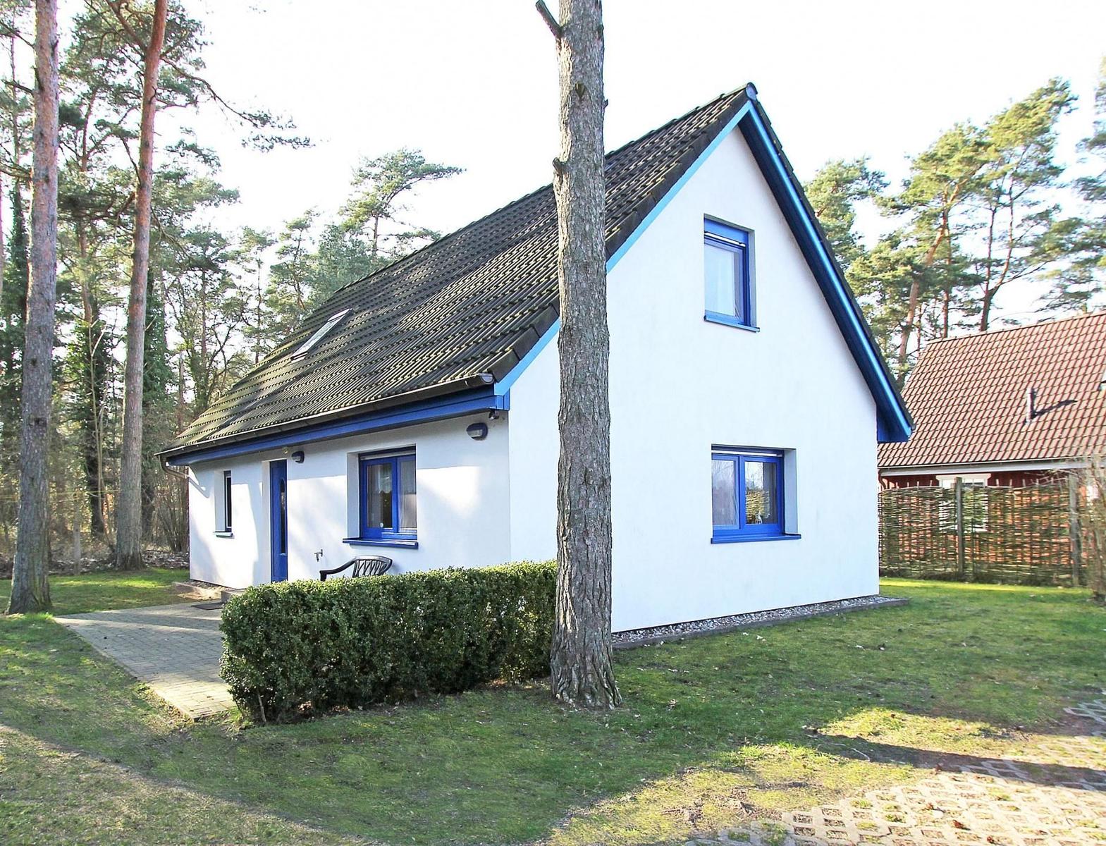 Ein weißes Haus mit blauen Fensterrahmen und einem dunklen Dach steht im Wald.