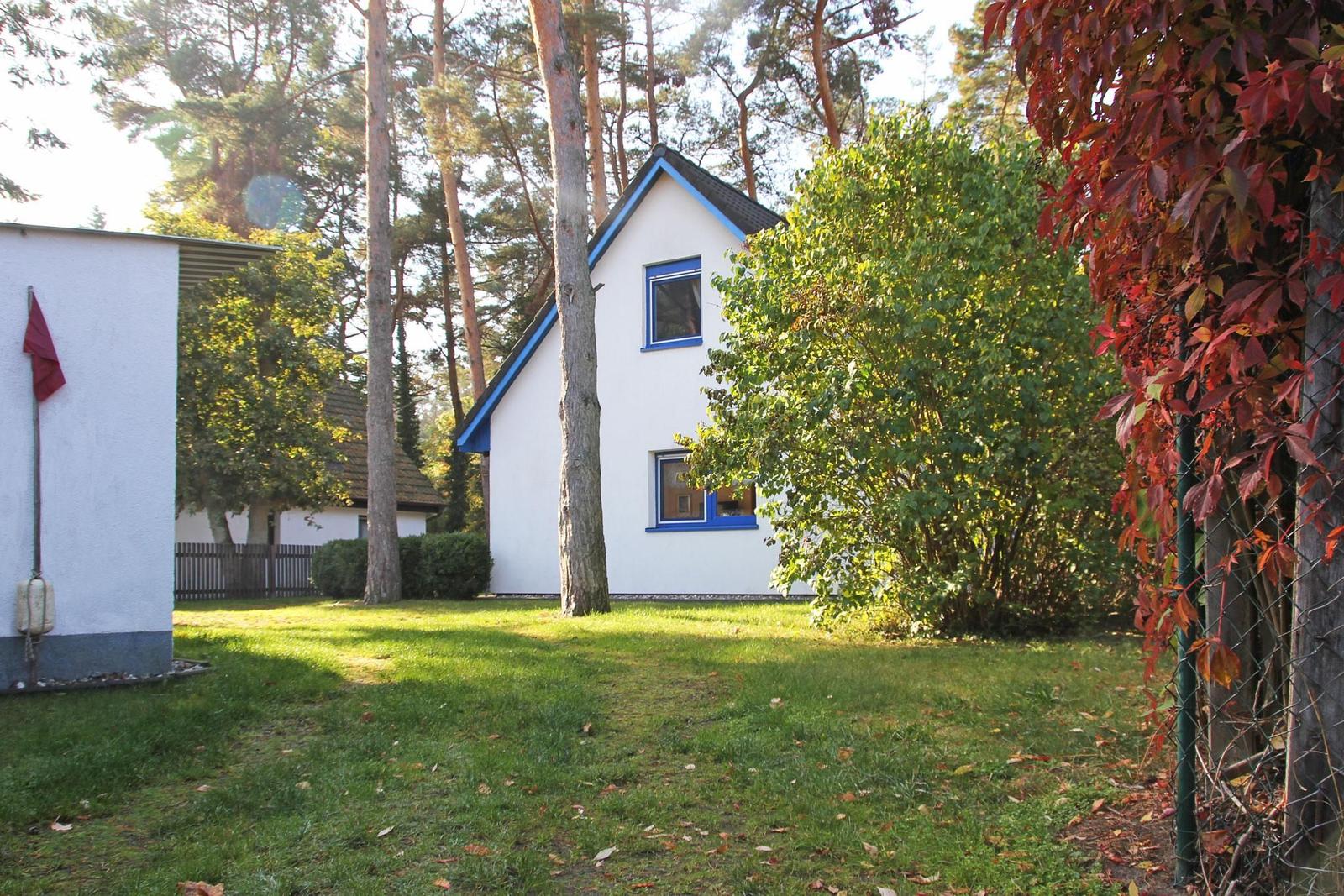 Ein weißes Haus mit blauen Fensterrahmen steht in einem grünen Garten mit Bäumen und Sträuchern.