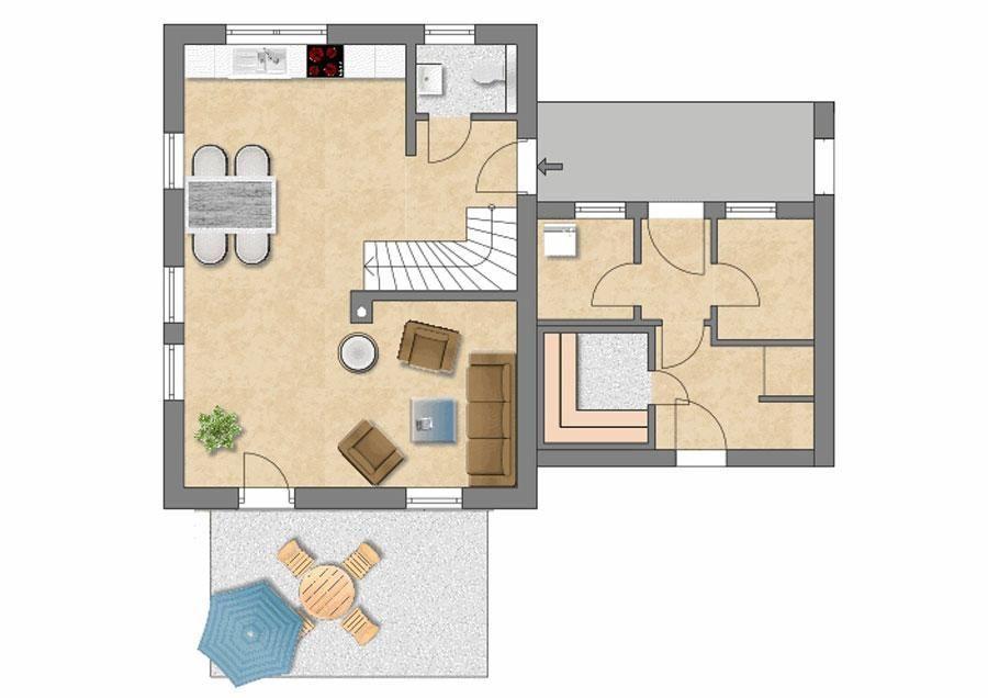 Dieses Haus hat einen Wohnbereich, eine Küche, zwei Schlafzimmer und eine Terrasse mit Tisch.