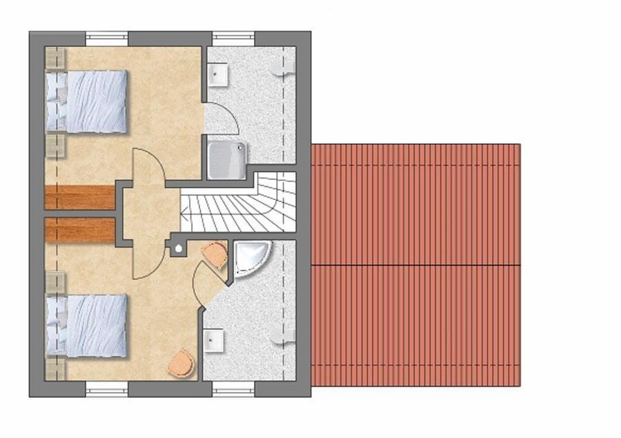 Zwei Schlafzimmer, Bad und Terrasse mit Holzdielen.