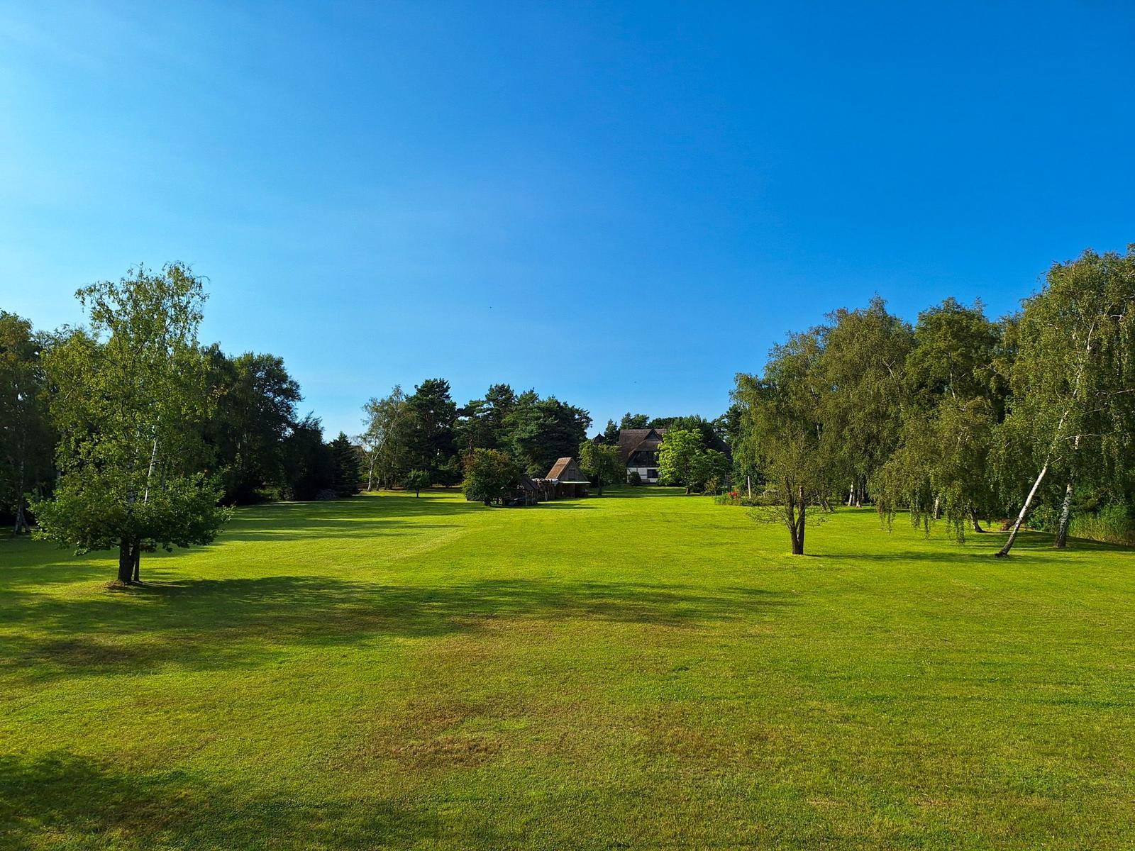 Großes Grünfeld mit Bäumen und Haus im Hintergrund unter blauem Himmel.