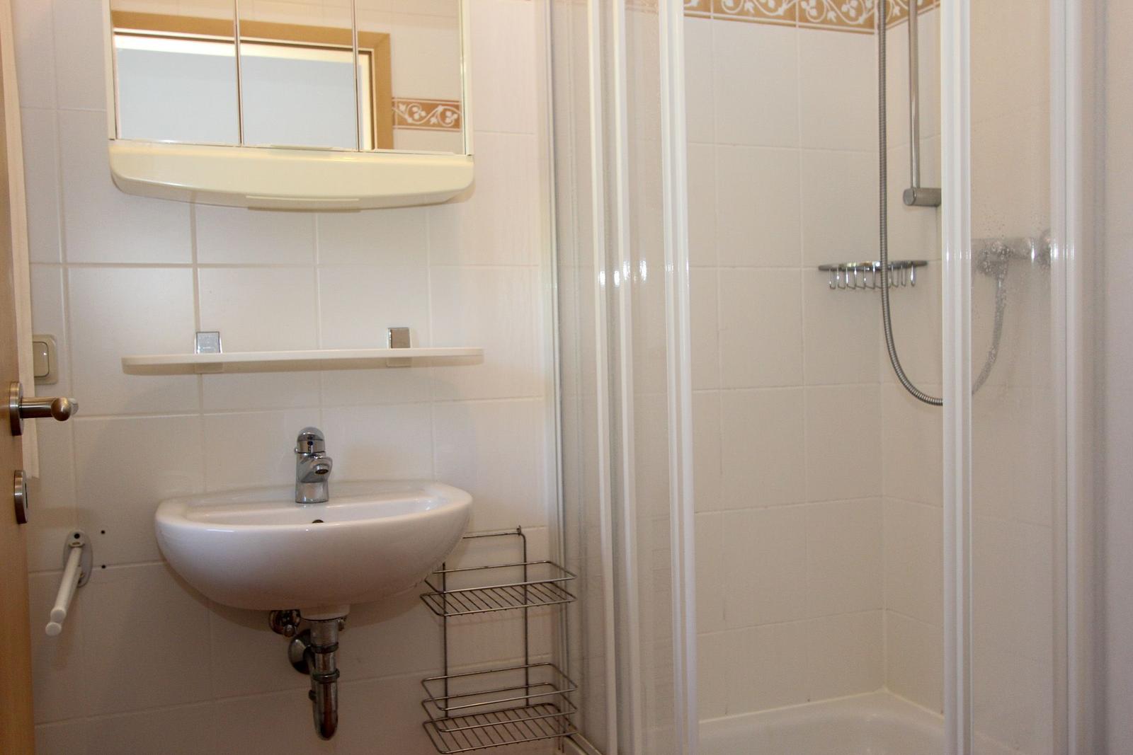 Badezimmer mit Dusche, Waschbecken und Spiegel.