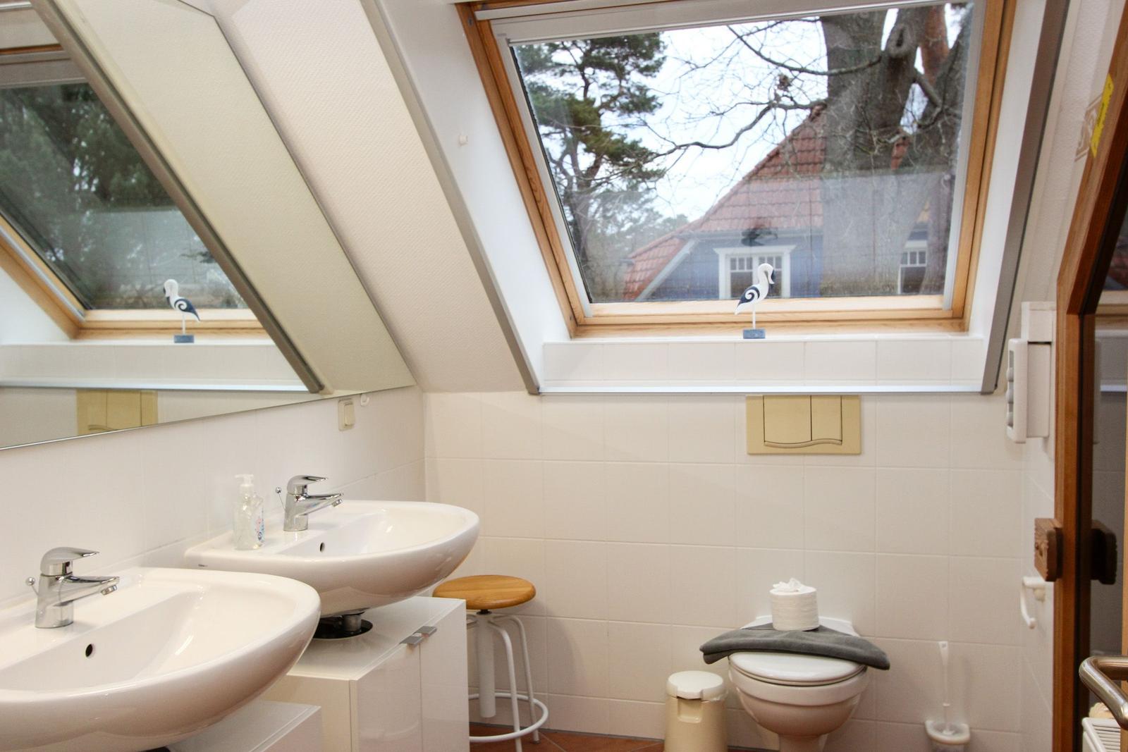 Badezimmer mit zwei Waschbecken, Dachfenster und Toilette.