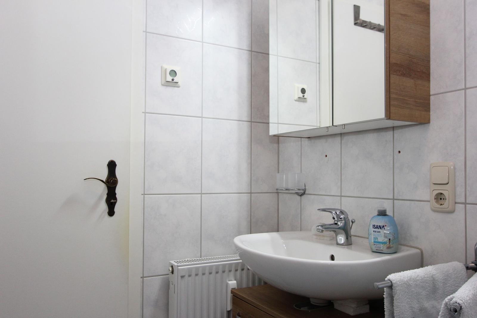 Badezimmer mit Waschbecken, Spiegelschrank und Handtuchhalter.
