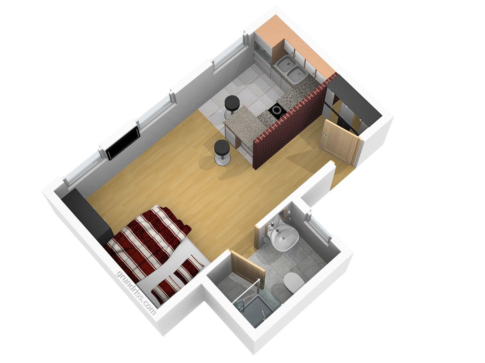 Ein Schlafzimmer mit Bett, Küche und Bad in einer Wohnung.