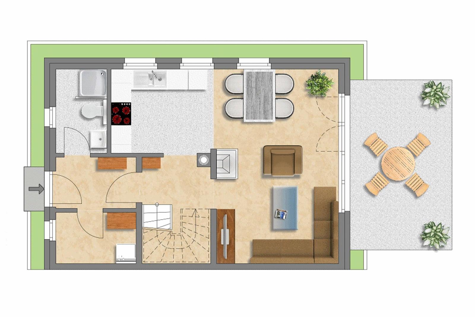 Wohnung mit Küche, Bad, Wohnzimmer und Terrasse mit Tisch und Stühlen.
