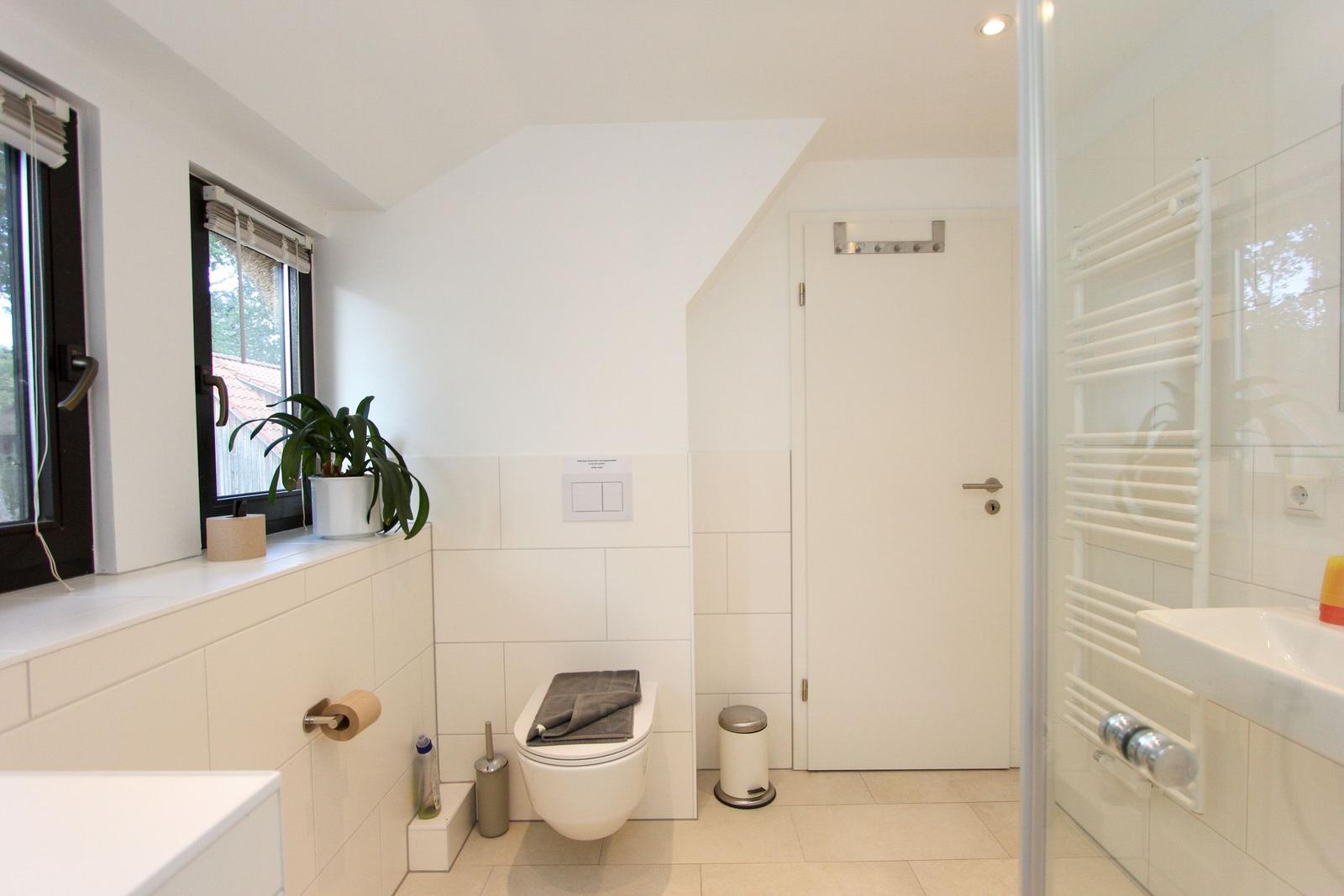 Badezimmer mit Toilette, Fenster, Pflanze und Dusche.