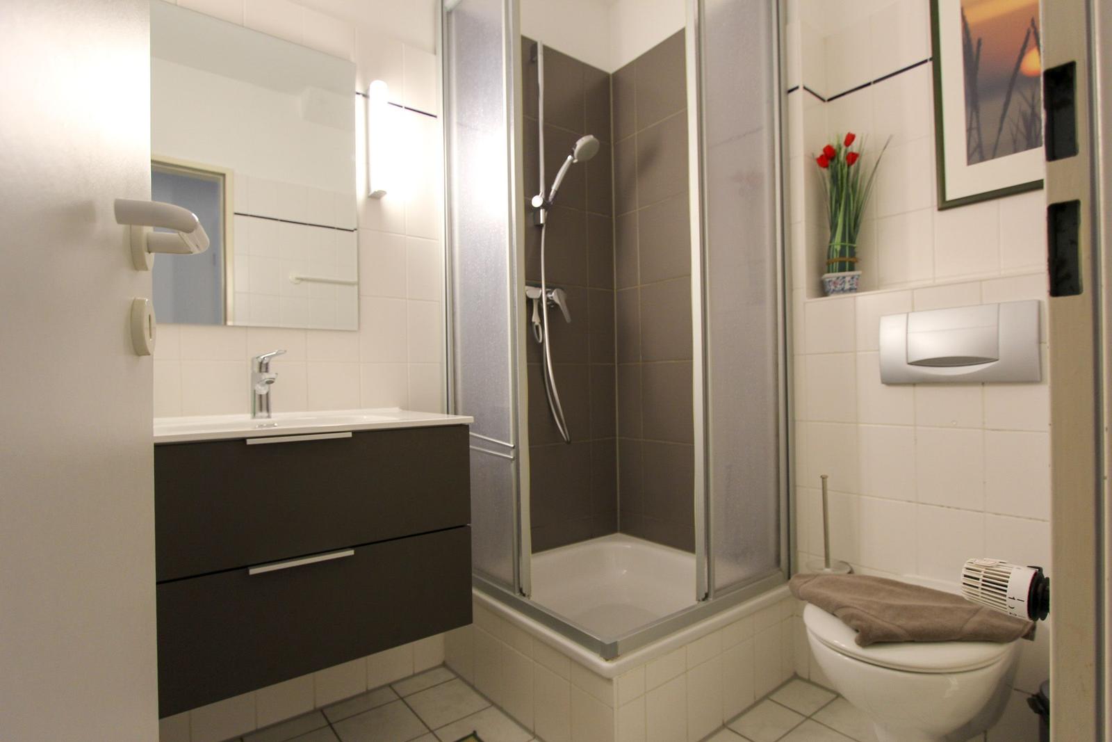 Badezimmer mit Dusche, Waschbecken und Toilette. Wand mit Bild und Blumen.