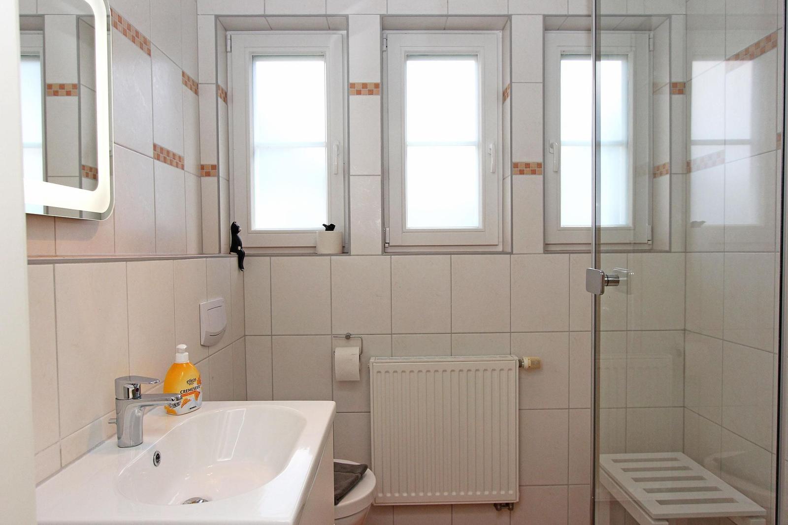 Badezimmer mit Dusche, Waschbecken und drei Fenstern
