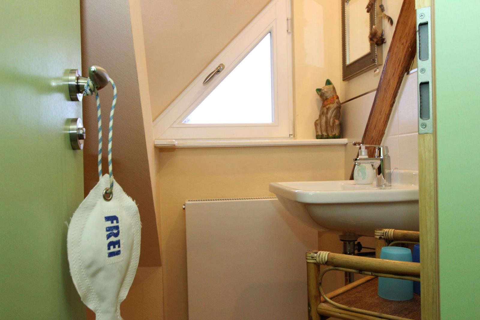 Badezimmer mit Waschbecken, Spiegel und Dachfenster. Tür mit FREI-Schild.